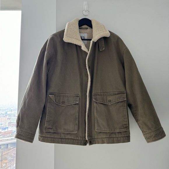 Zara Double Faced Cotton Jacket with Faux Shearling - Picture 6 of 7